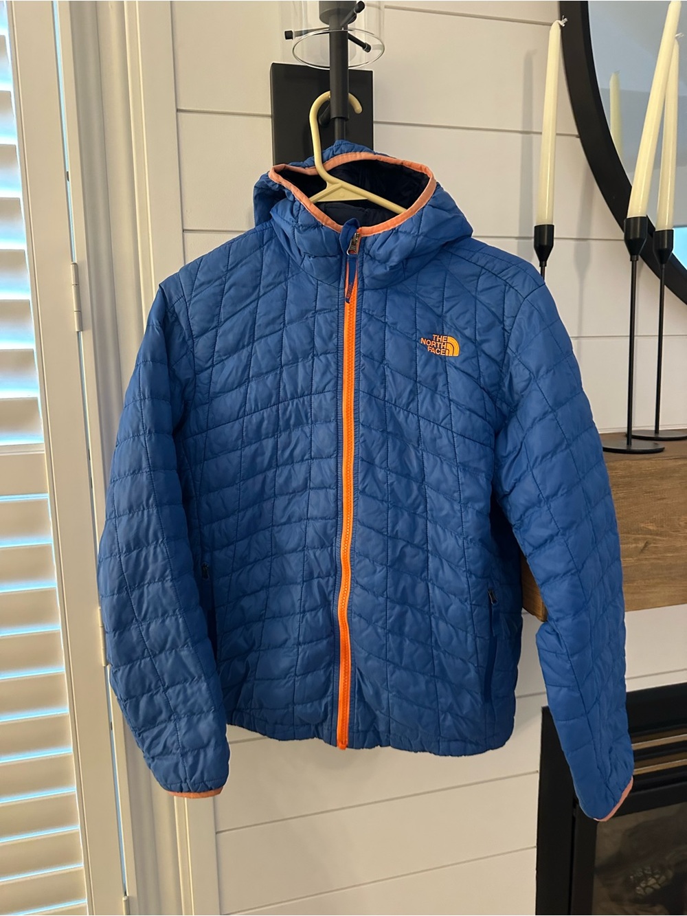 The North Face Thermoball Kids Blue Quilted Hooded Puffer with Orange Trim